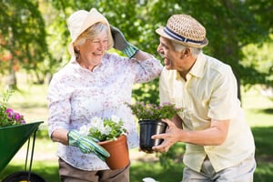 Senior man and woman smiling and planting a garden as a summer activity.