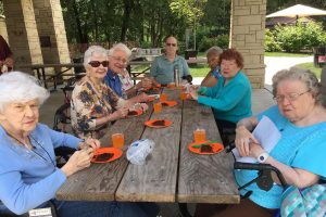 Group of seniors enjoying cake and juice outside at a pcnic table