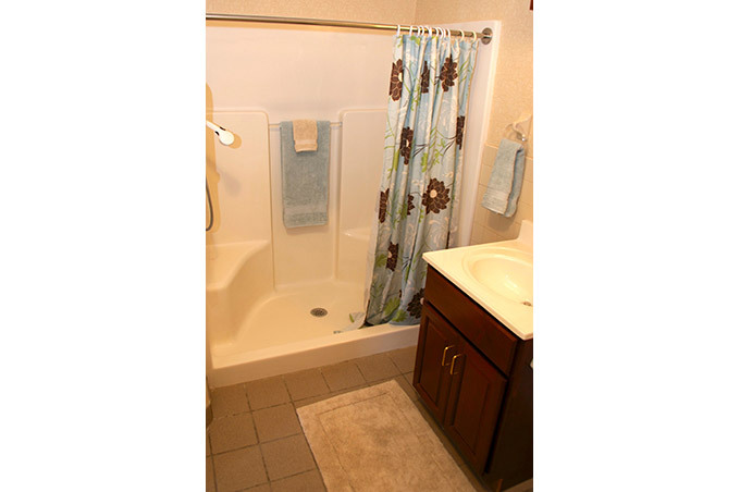 Bathroom of master one-bedroom for assisted living apartment