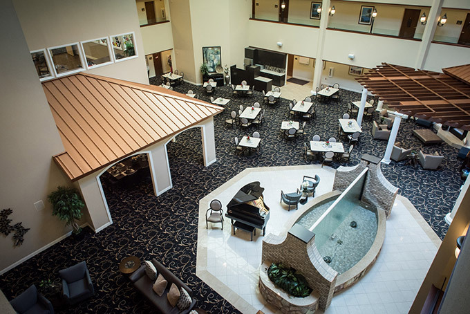 Overhead view of the assisted living main dining hall at GSL Strongsville