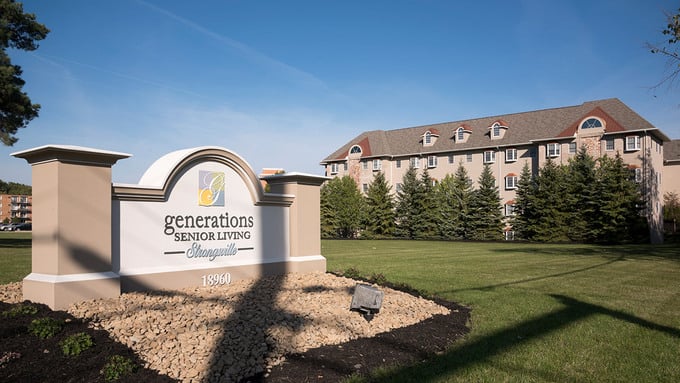 Outside shot of the Generations Senior Living sign and assisted living building in Strongsville, Ohio