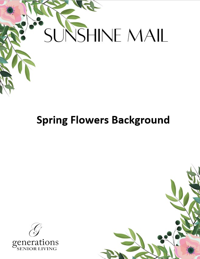 Letter stationary with spring flowers and green leaves in each corner